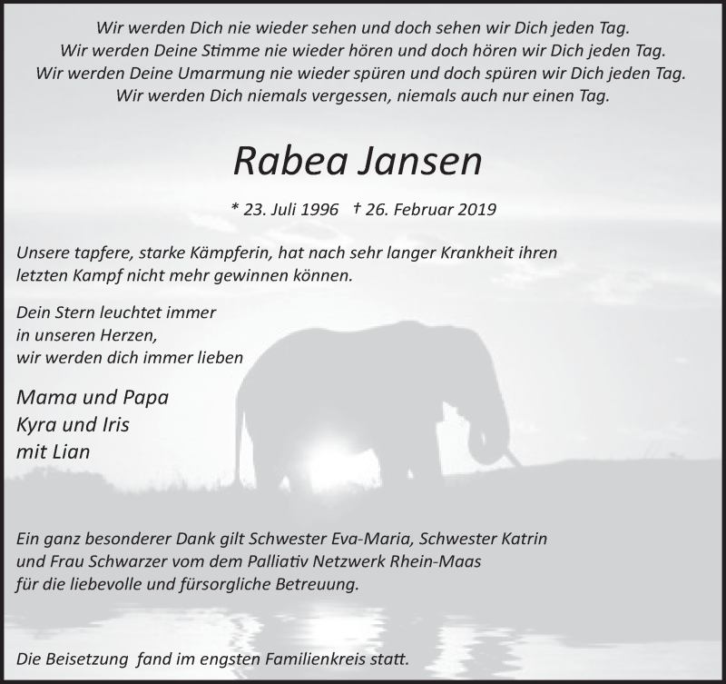  Traueranzeige für Rabea Jansen vom 16.03.2019 aus 