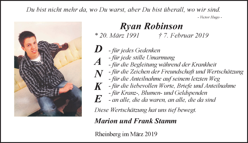  Traueranzeige für Ryan Robinson vom 13.03.2019 aus 