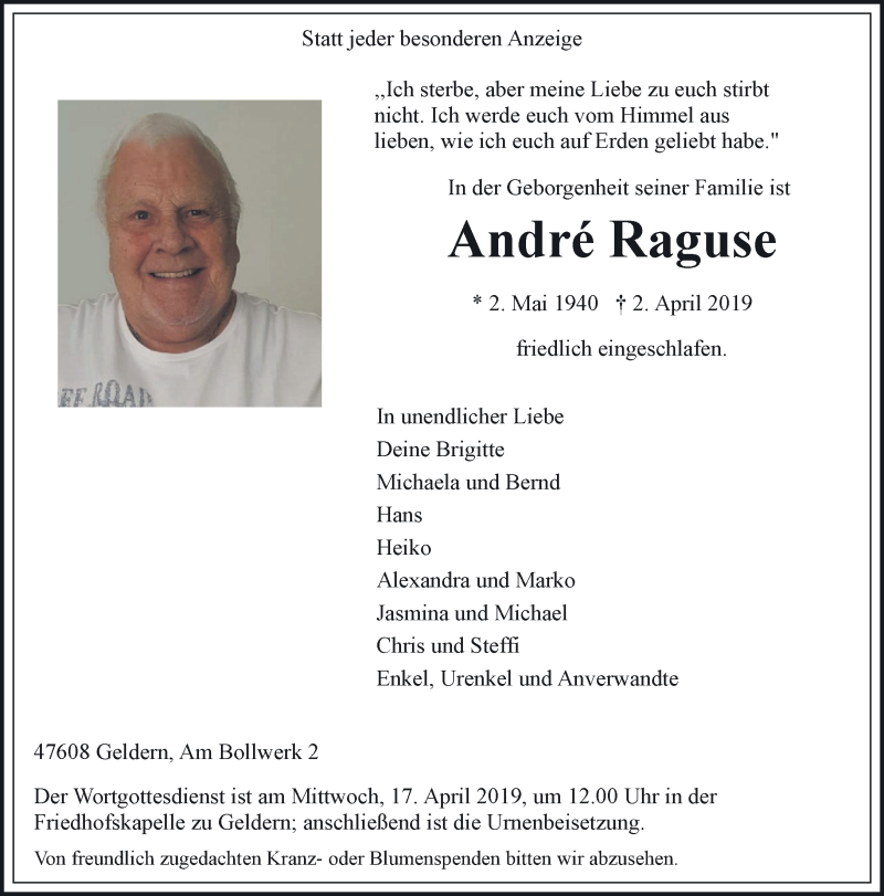  Traueranzeige für André Raguse vom 13.04.2019 aus 