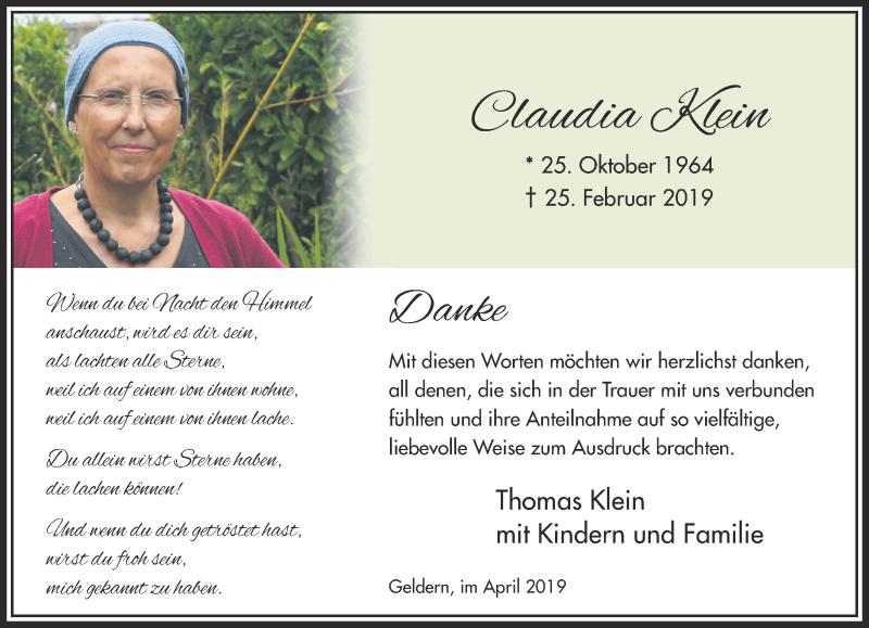  Traueranzeige für Claudia Klein vom 20.04.2019 aus 