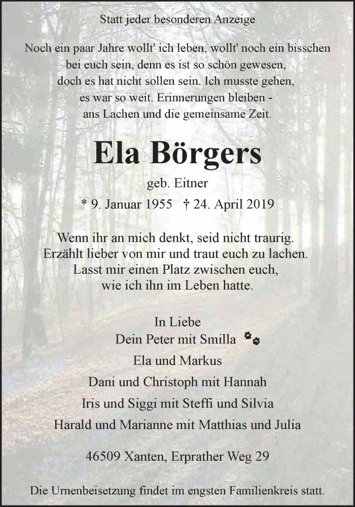 Traueranzeige für Ela Börgers vom 27.04.2019 aus 
