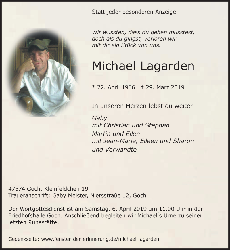  Traueranzeige für Michael Lagarden vom 03.04.2019 aus 