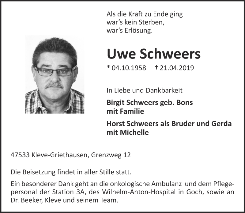  Traueranzeige für Uwe  Schweers vom 27.04.2019 aus 