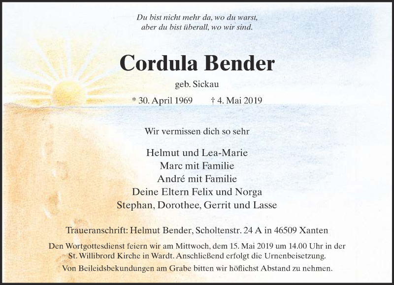  Traueranzeige für Cordula Bender vom 11.05.2019 aus 