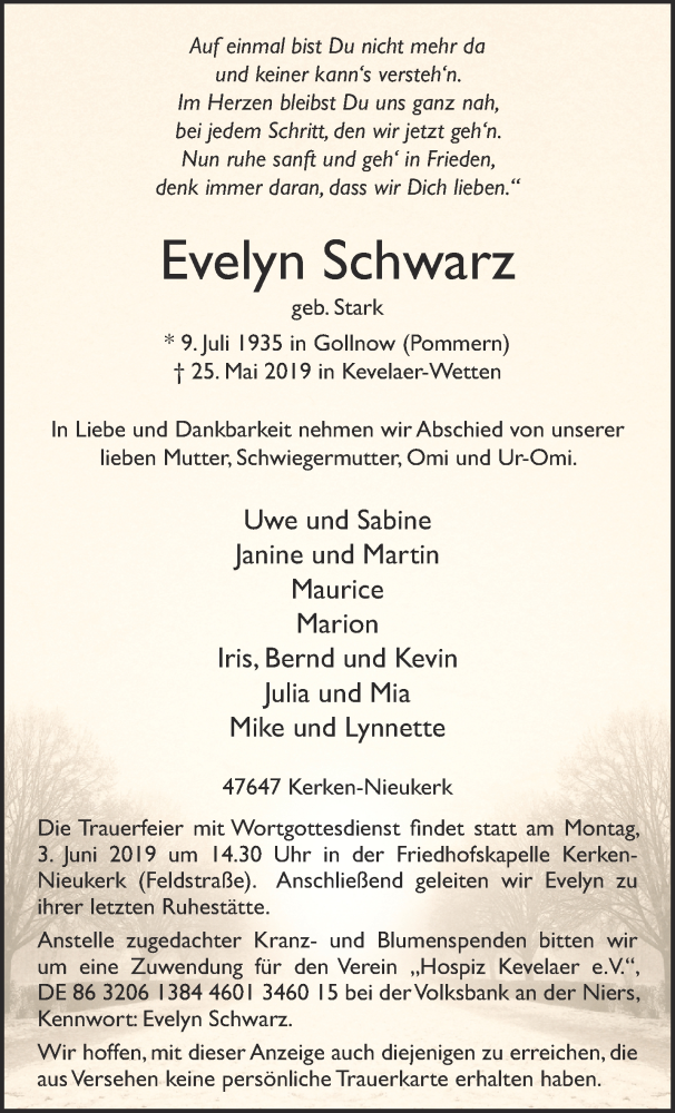  Traueranzeige für Evelyn Schwarz vom 29.05.2019 aus 