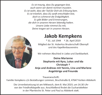 Traueranzeige von Jakob Kempkens 