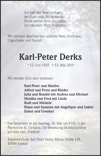 Traueranzeige von Karl-Peter Derks 