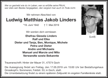 Traueranzeige von Ludwig Matthias Jakob Linders 