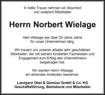 Traueranzeige von Norbert Wielage 