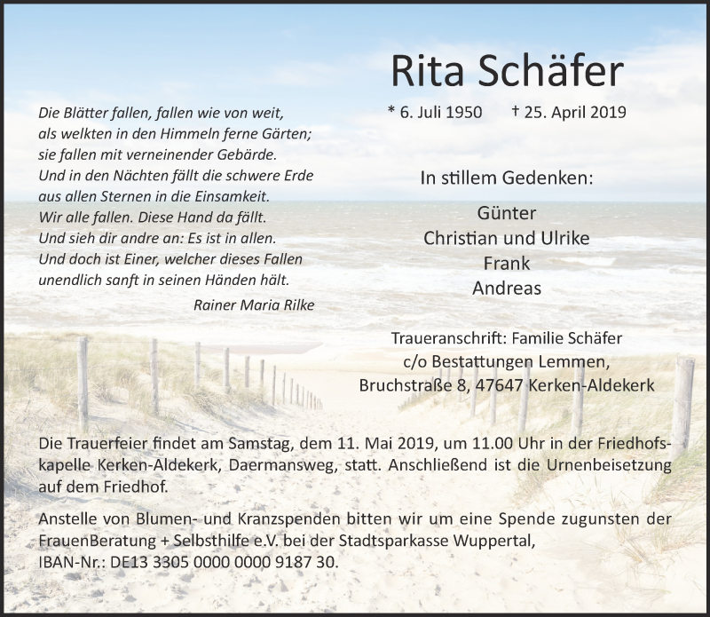  Traueranzeige für Rita Schäfer vom 04.05.2019 aus 