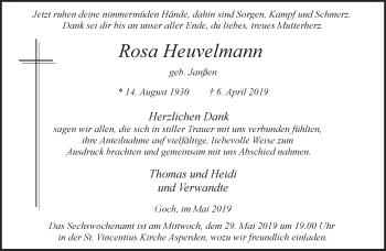 Traueranzeige von Rosa Heuvelmann 