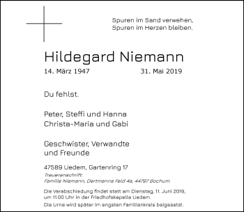 Traueranzeige von Hildegard Niemann 
