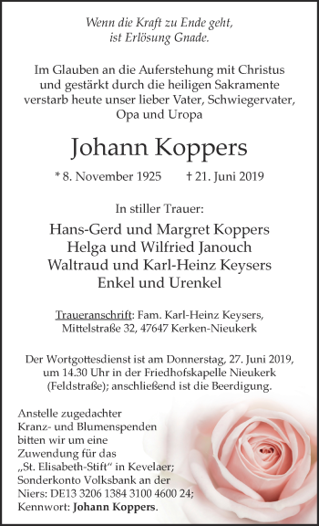 Traueranzeige von Johann Koppers 