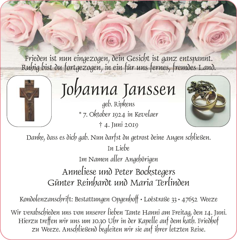 Traueranzeige für Johanna Janssen vom 08.06.2019 aus 