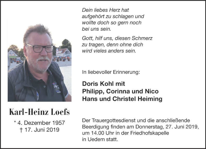  Traueranzeige für Karl-Heinz Loefs vom 26.06.2019 aus 