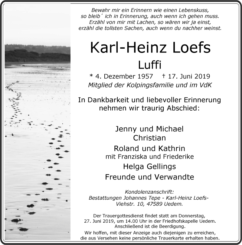  Traueranzeige für Karl-Heinz Loefs vom 26.06.2019 aus 