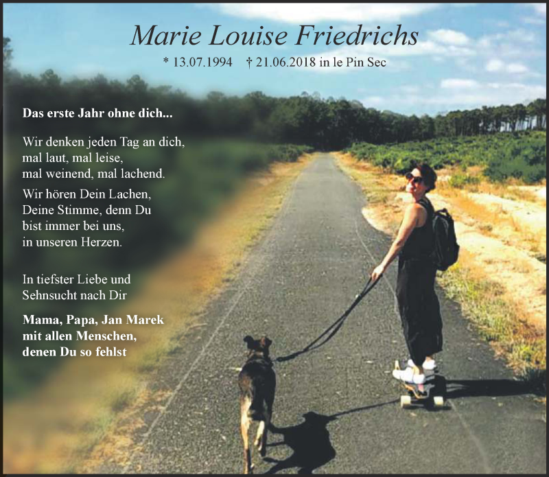  Traueranzeige für Marie Louise Friedrichs vom 22.06.2019 aus 