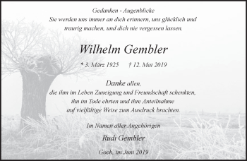 Traueranzeige von Wilhelm Gembler 