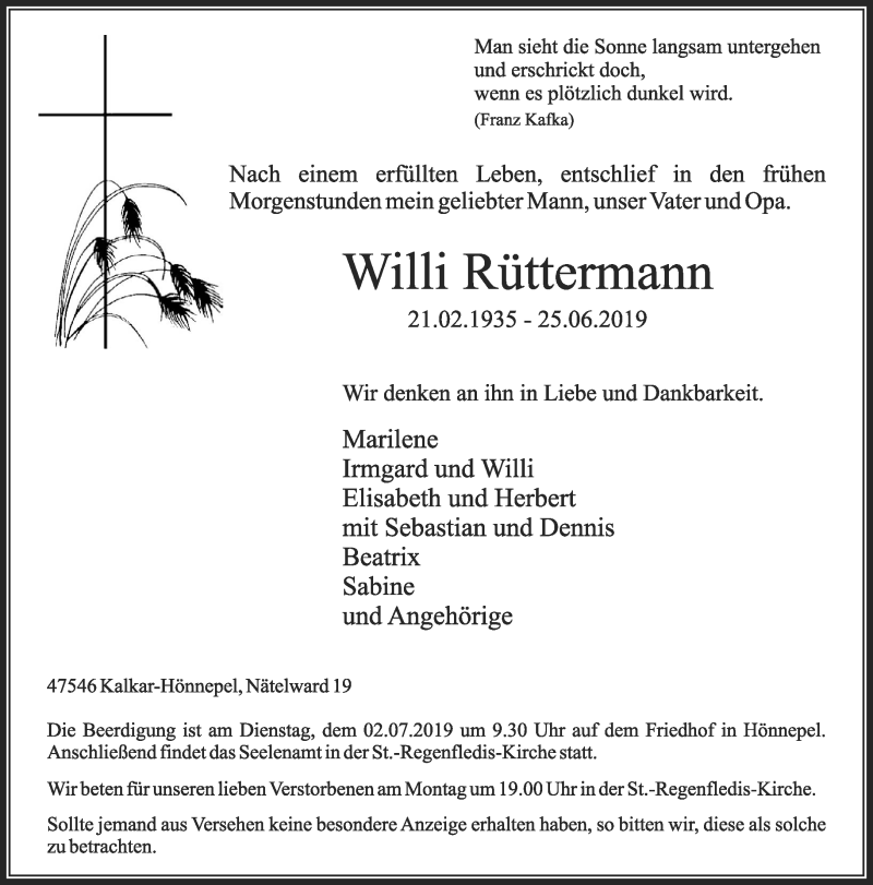  Traueranzeige für Willi Rüttermann vom 29.06.2019 aus 