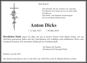 Traueranzeige von Anton Dicks 