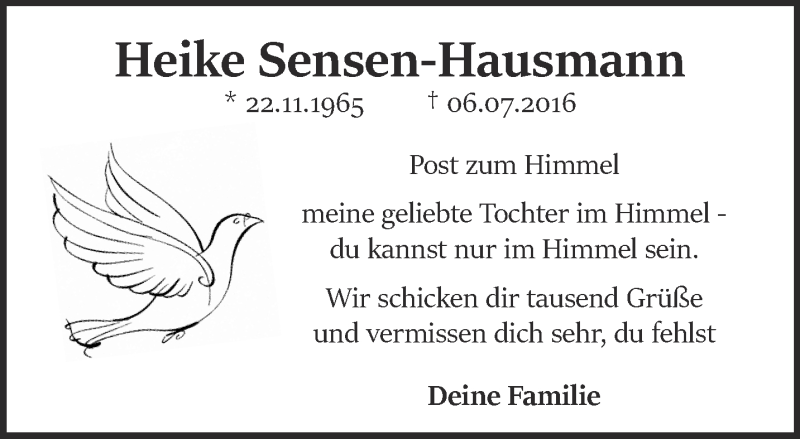  Traueranzeige für Heike Sensen-Hausmann vom 06.07.2019 aus 