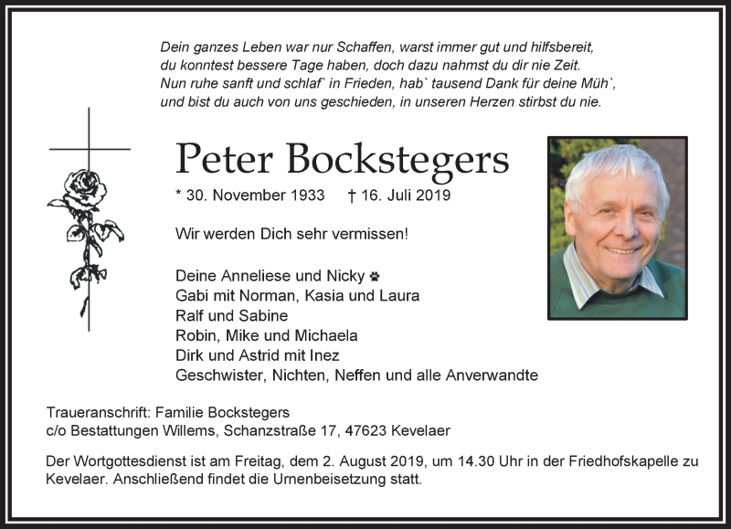  Traueranzeige für Peter Bockstegers vom 27.07.2019 aus 