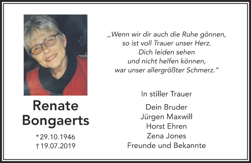  Traueranzeige für Renate Bongaerts vom 27.07.2019 aus 