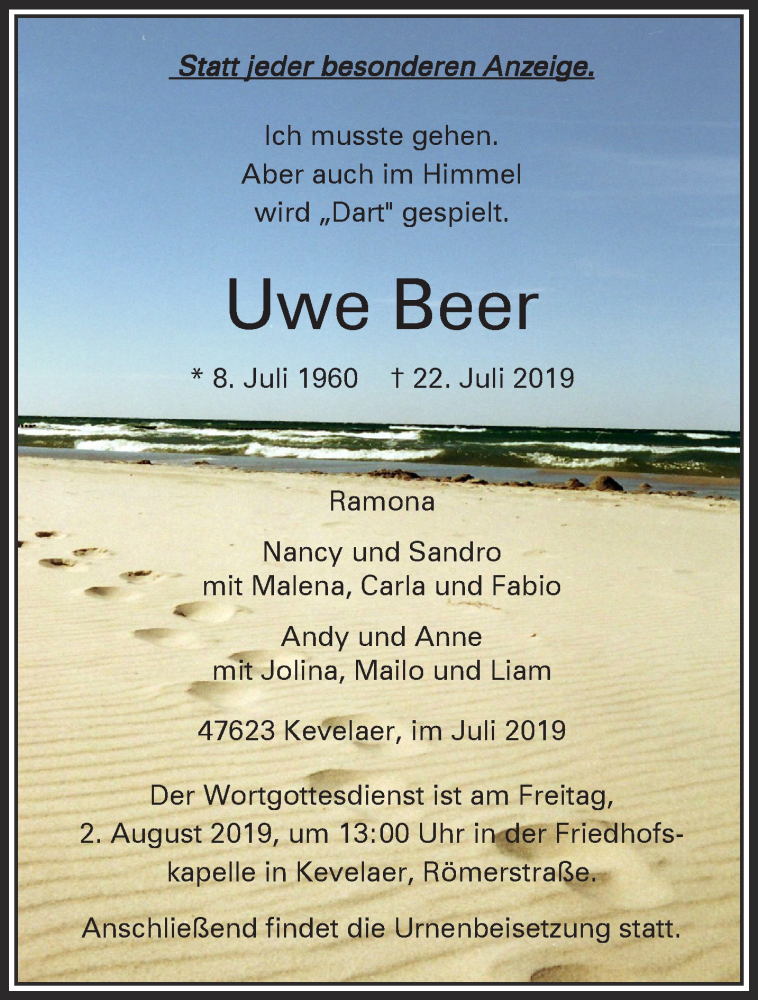  Traueranzeige für Uwe Beer vom 27.07.2019 aus 