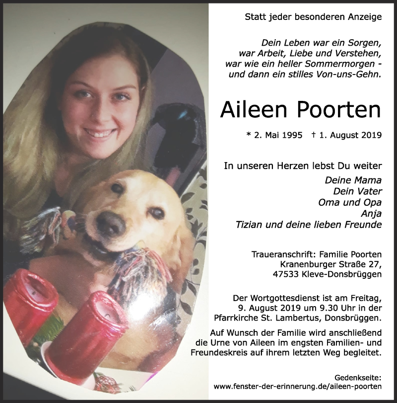  Traueranzeige für Aileen Poorten vom 07.08.2019 aus 