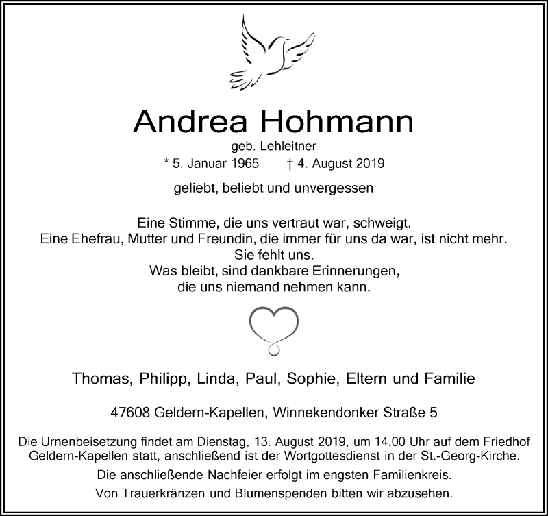  Traueranzeige für Andrea Hohmann vom 10.08.2019 aus 