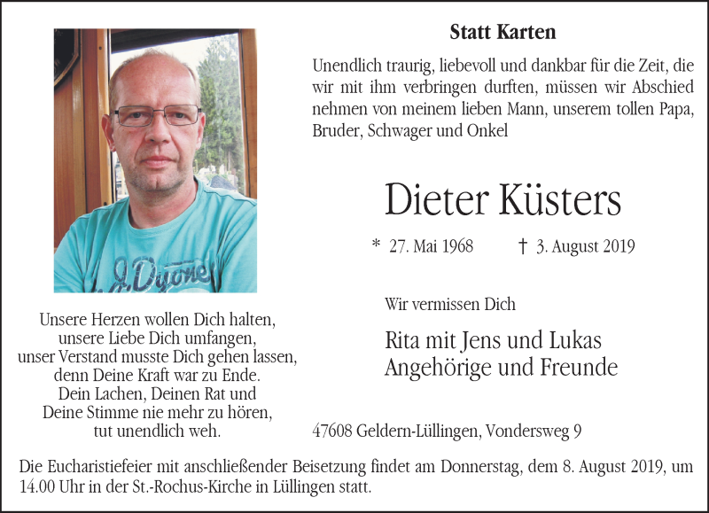  Traueranzeige für Dieter Küsters vom 07.08.2019 aus 