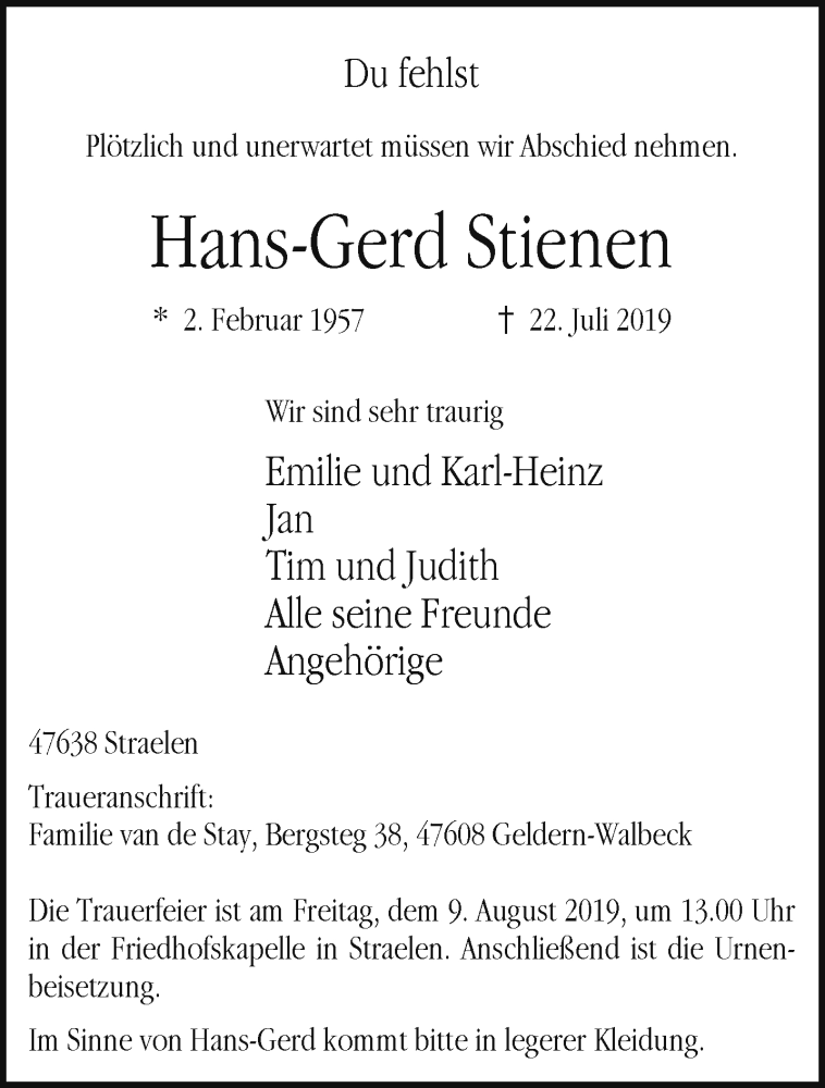  Traueranzeige für Hans-Gerd Stienen vom 03.08.2019 aus 