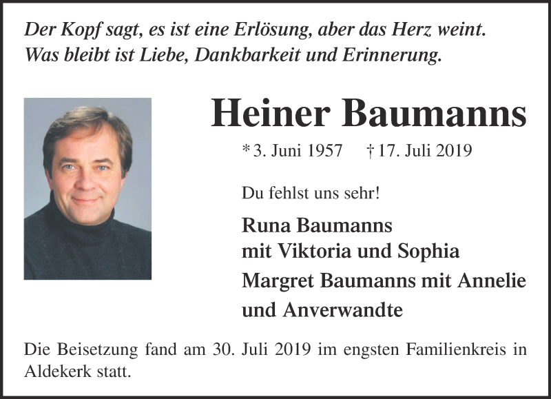  Traueranzeige für Heiner Baumanns vom 10.08.2019 aus 