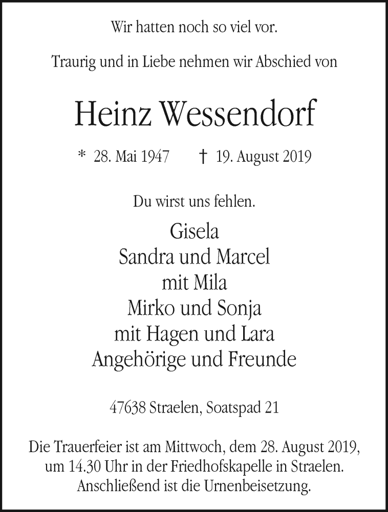  Traueranzeige für Heinz Wessendorf vom 24.08.2019 aus 