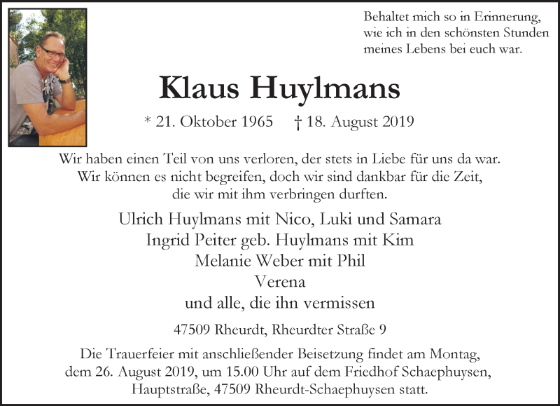  Traueranzeige für Klaus Huylmans vom 24.08.2019 aus 