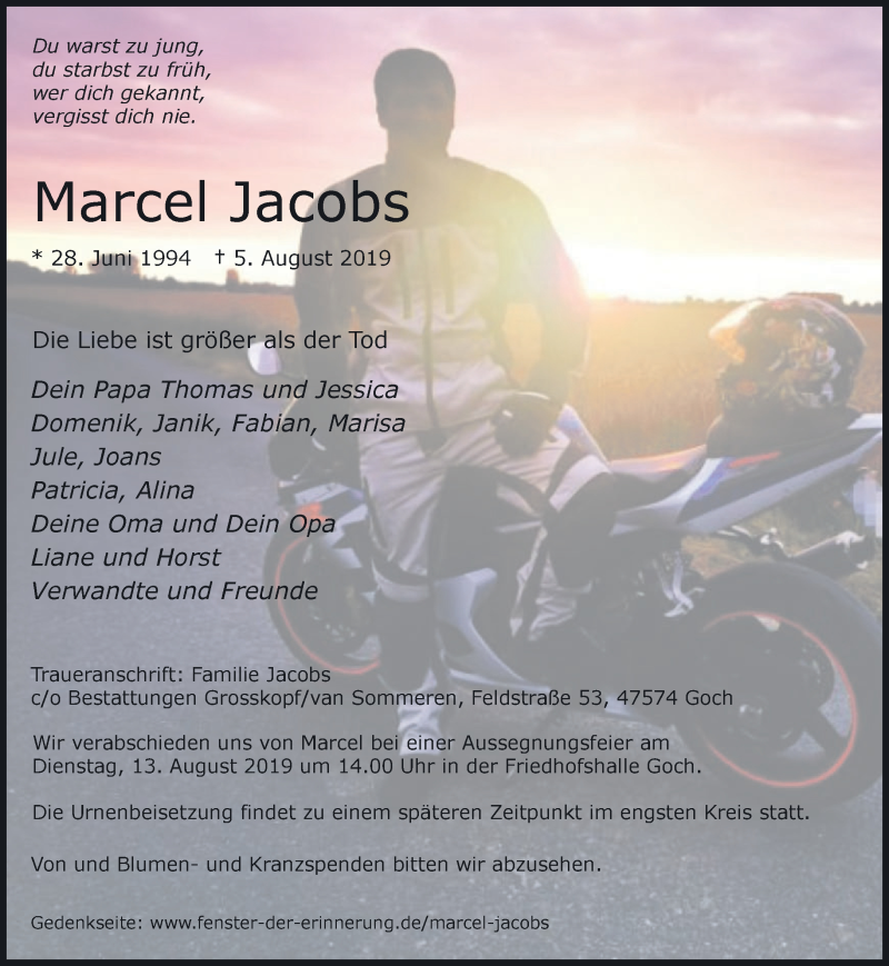  Traueranzeige für Marcel Jacobs vom 10.08.2019 aus 