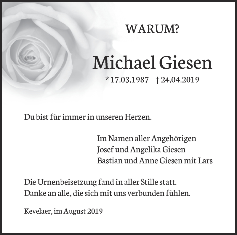  Traueranzeige für Michael Giesen vom 10.08.2019 aus 