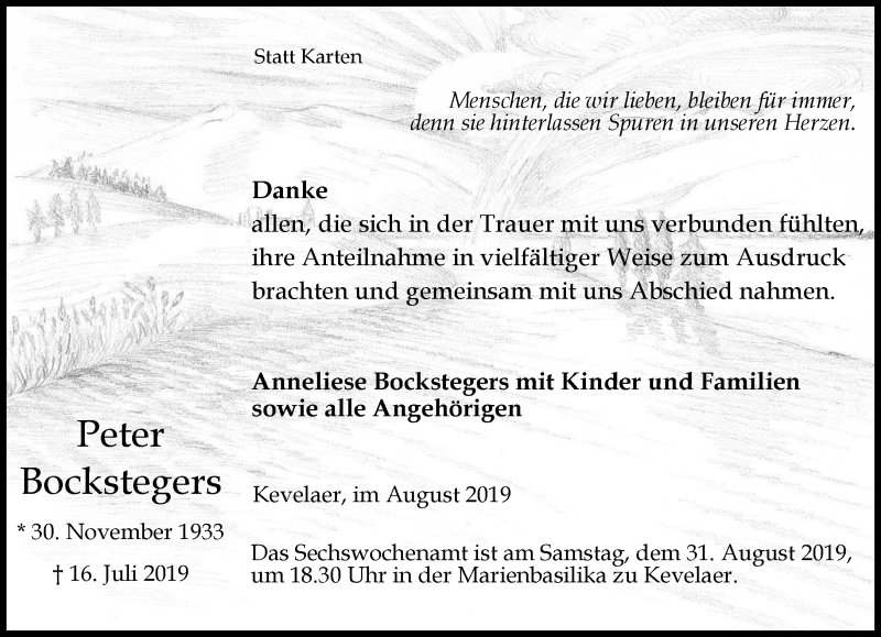  Traueranzeige für Peter Bockstegers vom 24.08.2019 aus 