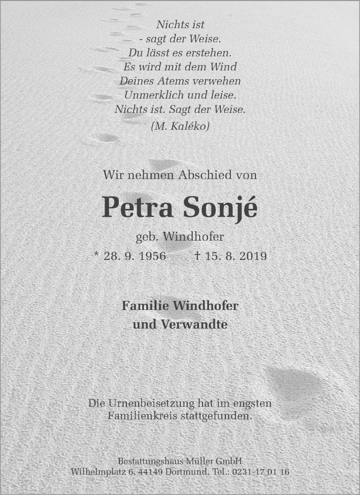  Traueranzeige für Petra Sonjè vom 24.08.2019 aus 