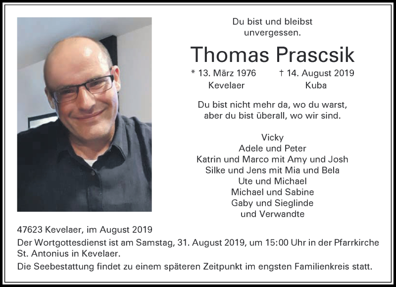  Traueranzeige für Thomas Prascsik vom 24.08.2019 aus 