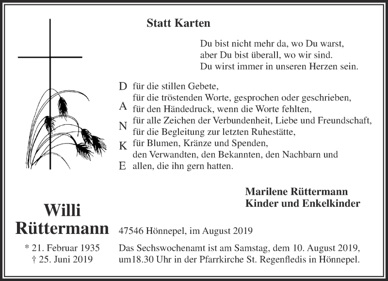 Traueranzeige für Willi Rüttermann vom 03.08.2019 aus 