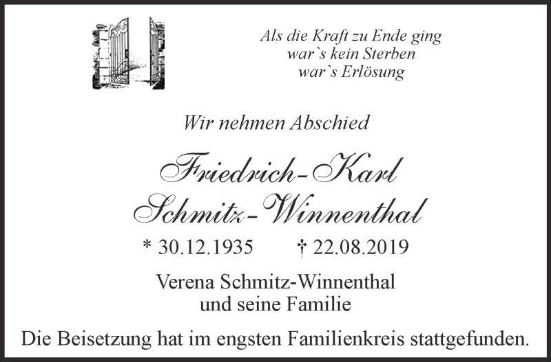  Traueranzeige für Friedrich-Karl Schmitz-Winnenthal vom 07.09.2019 aus 