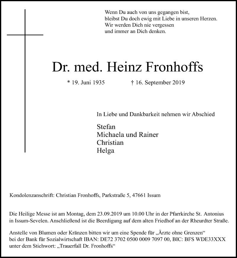  Traueranzeige für Heinz Fronhoffs vom 21.09.2019 aus 