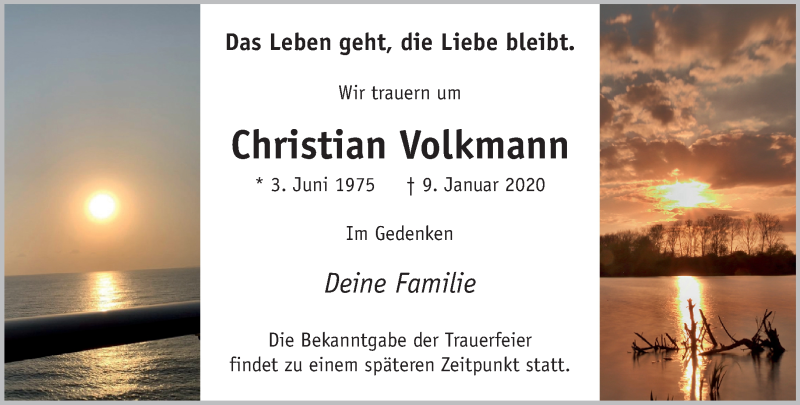  Traueranzeige für Christian Volkmann vom 22.01.2020 aus 