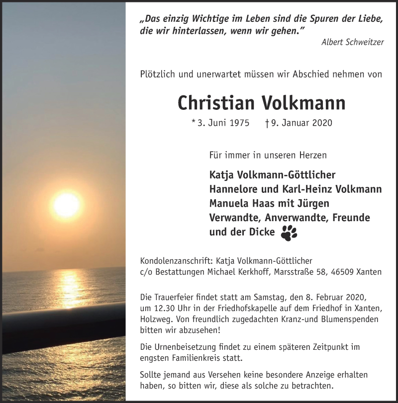  Traueranzeige für Christian Volkmann vom 01.02.2020 aus 