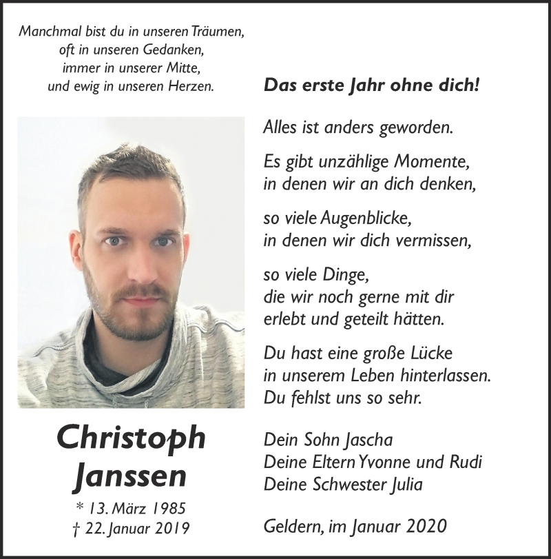  Traueranzeige für Christoph Janssen vom 22.01.2020 aus 