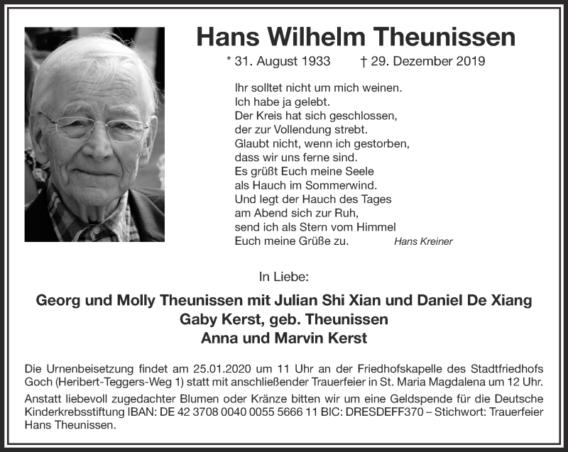  Traueranzeige für Hans Wilhelm Theunissen vom 18.01.2020 aus 