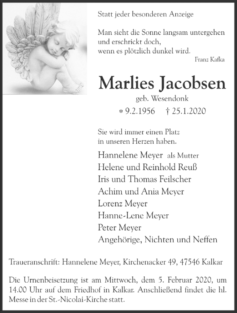  Traueranzeige für Marlies Jacobsen vom 01.02.2020 aus 