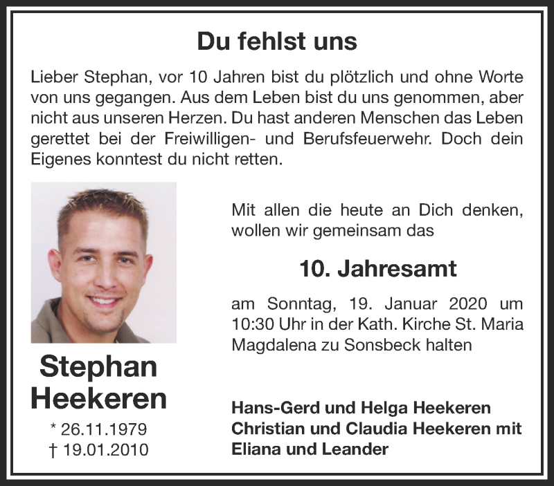  Traueranzeige für Stephan Heekeren vom 11.01.2020 aus 