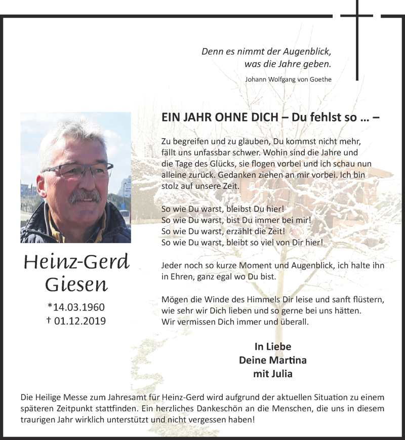  Traueranzeige für Heinz-Gerd Giesen vom 28.11.2020 aus 